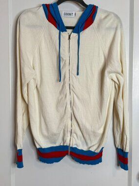 OXKNIT White Cotton Zip Up Hoodie Blue Red Striped Trim Retro Sweater sz XL